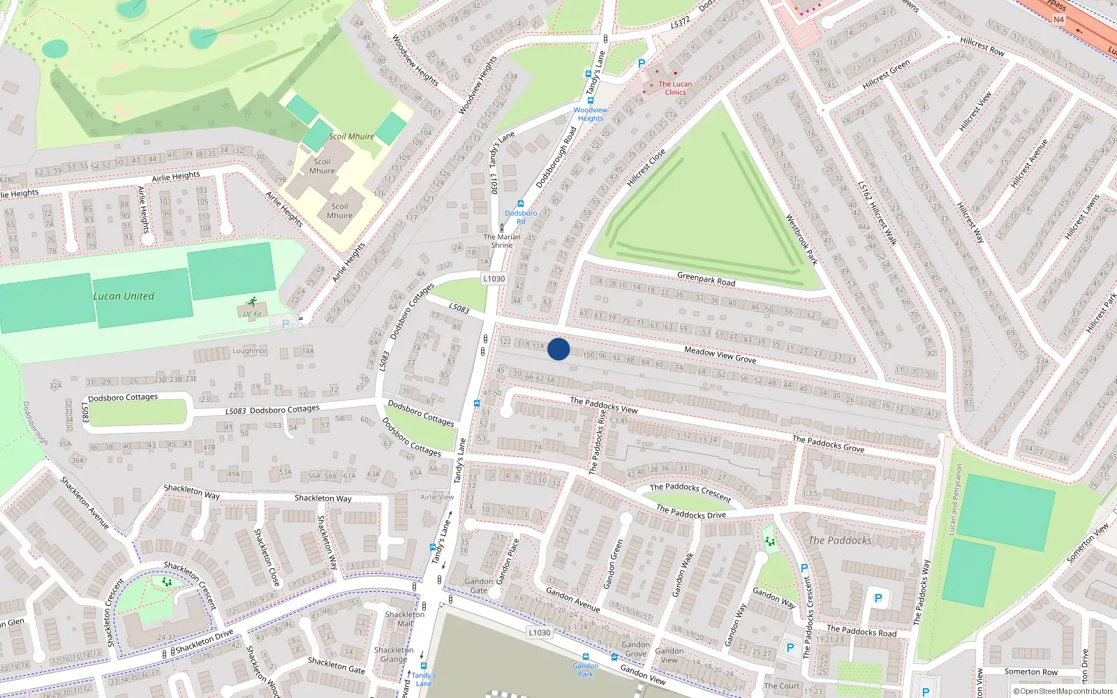 Overhead map showing the location of 108 Meadowview Grove, Lucan