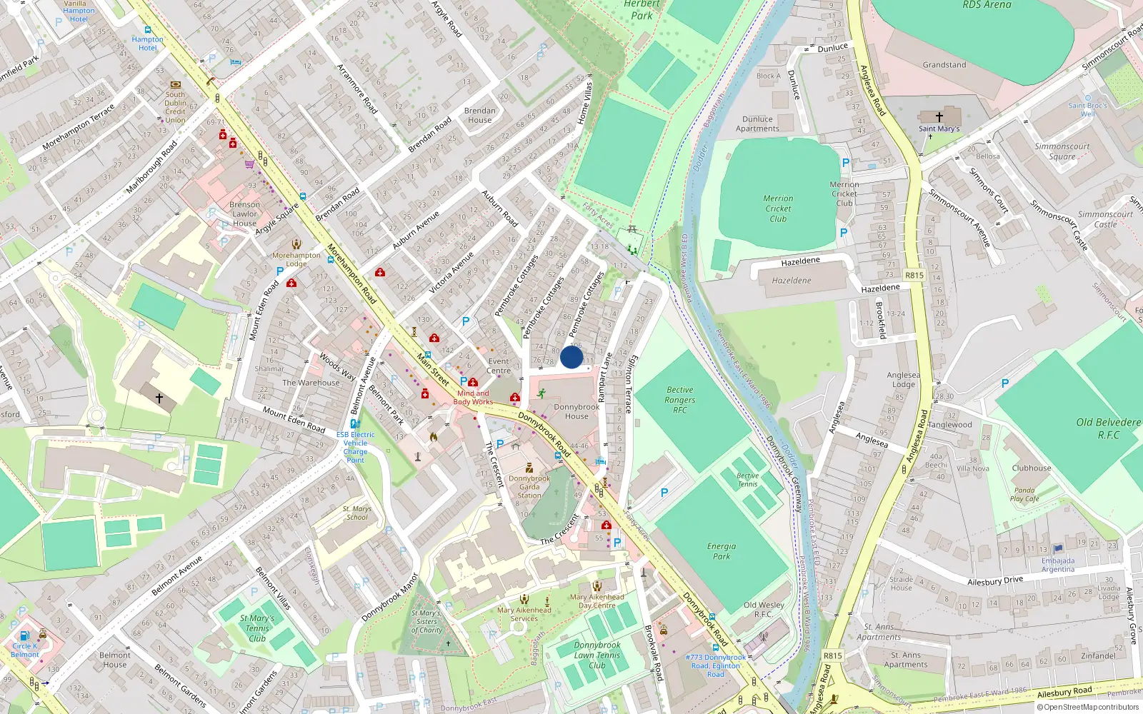 Overhead map showing the location of 108 Pembroke Cottages, Dublin 4