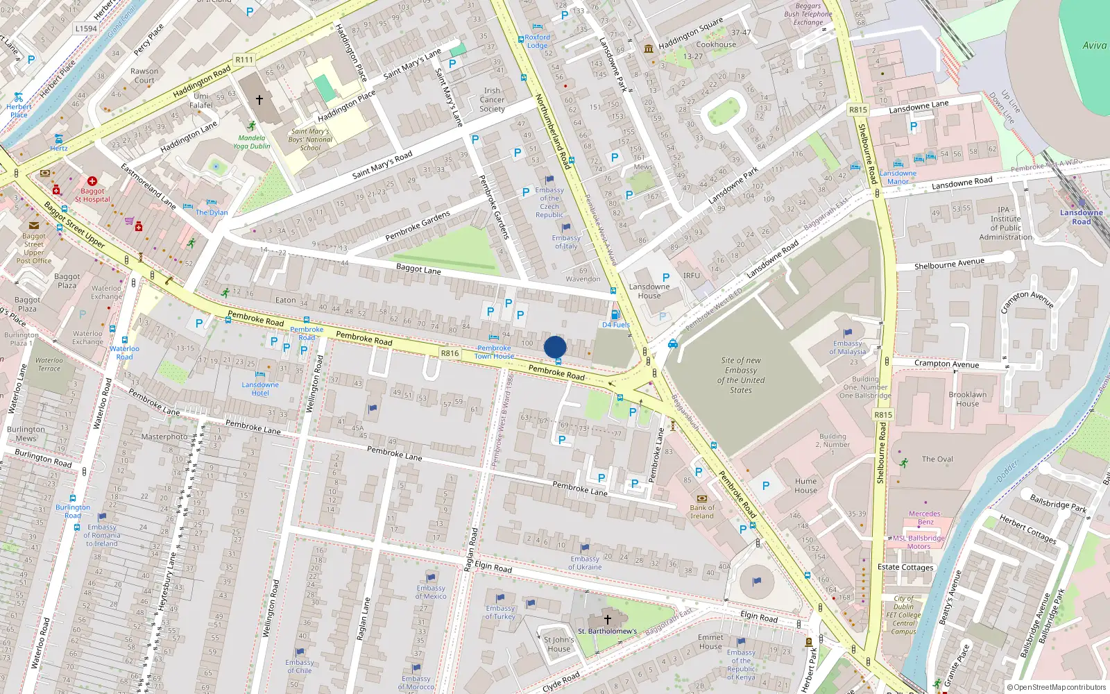 Overhead map showing the location of 108 Pembroke Road, Dublin 4