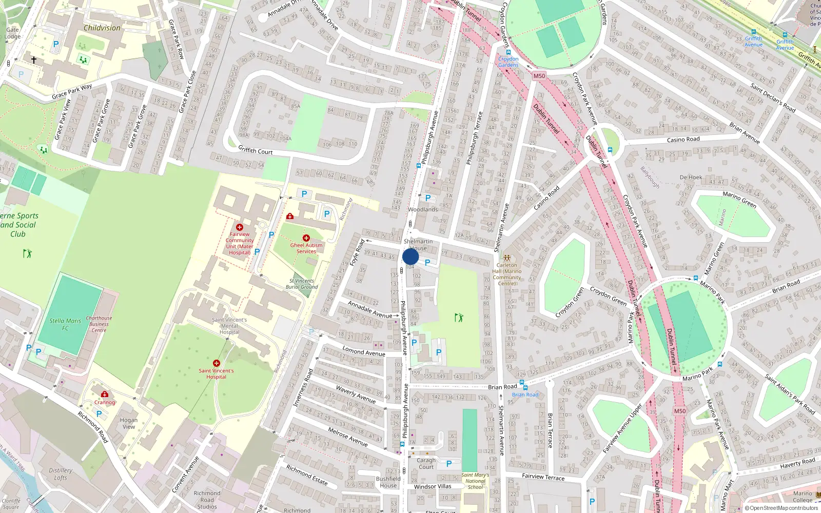 Overhead map showing the location of 108 Philisburgh Avenue, Fairview, Dublin 3
