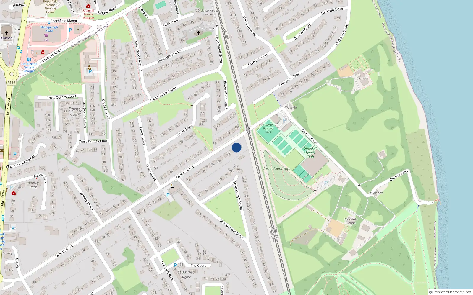 Overhead map showing the location of 108 Quinn's Road, Dublin 18