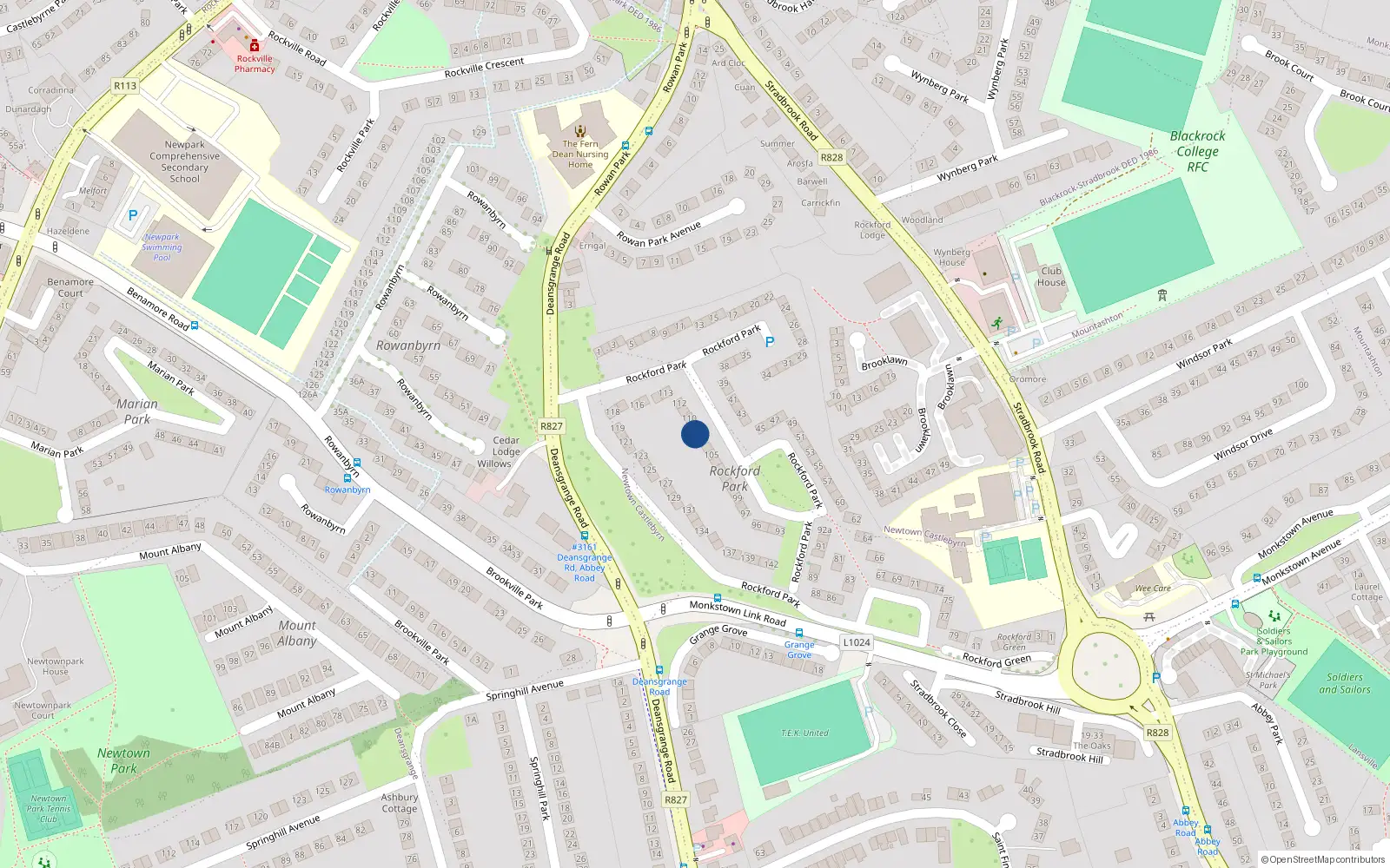 Overhead map showing the location of 108 Rockford Park, Stradbrook, Blackrock