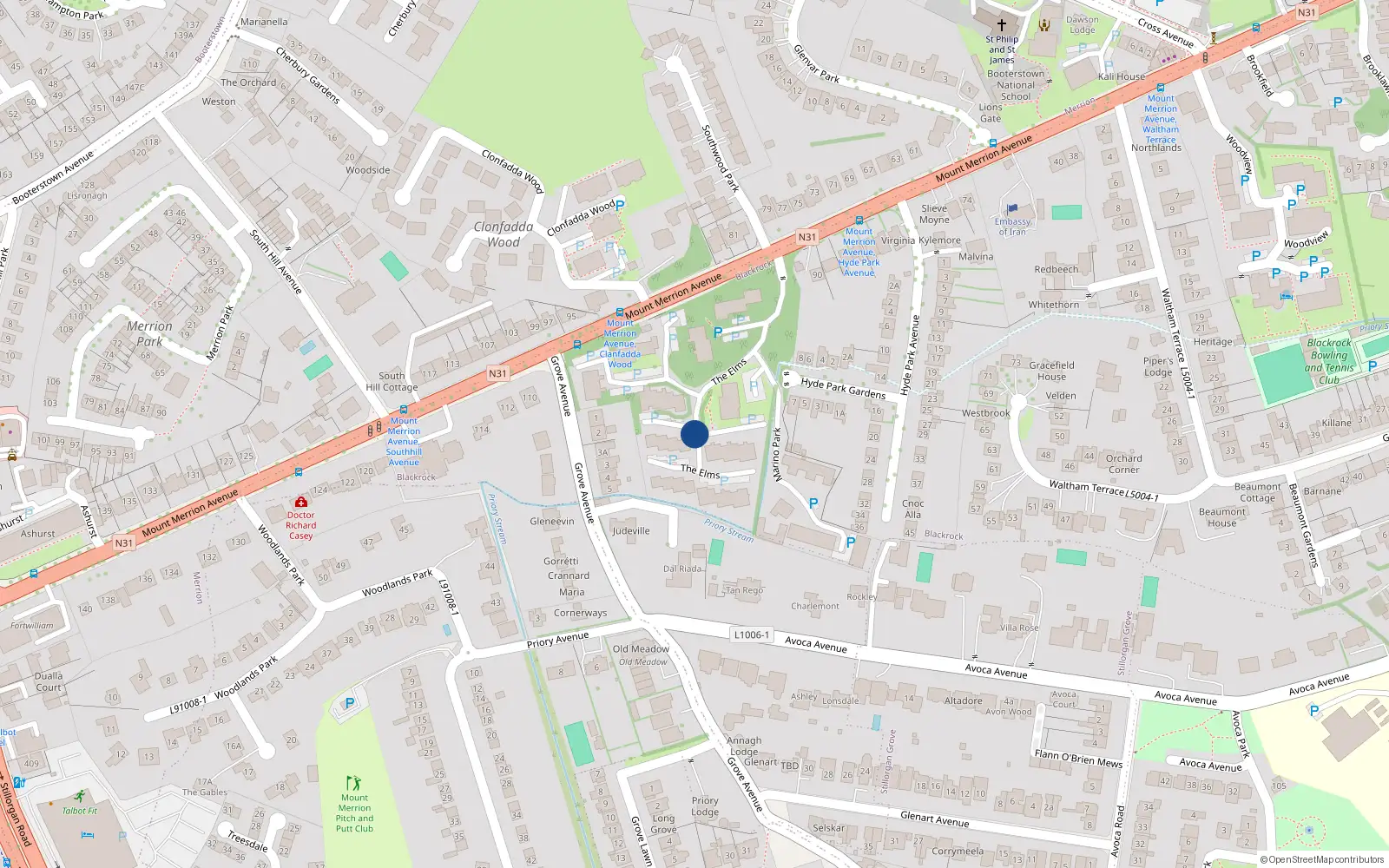 Overhead map showing the location of 108 The Elms, Blackrock