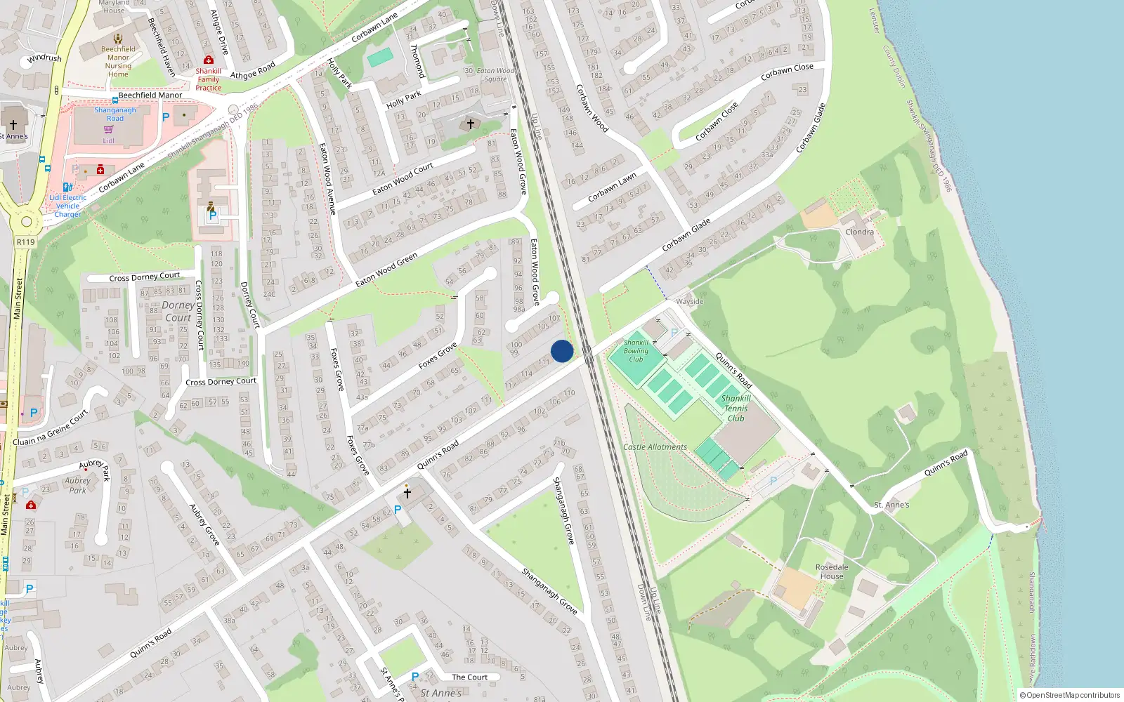 Overhead map showing the location of 108a Quinn's Road, Shankill