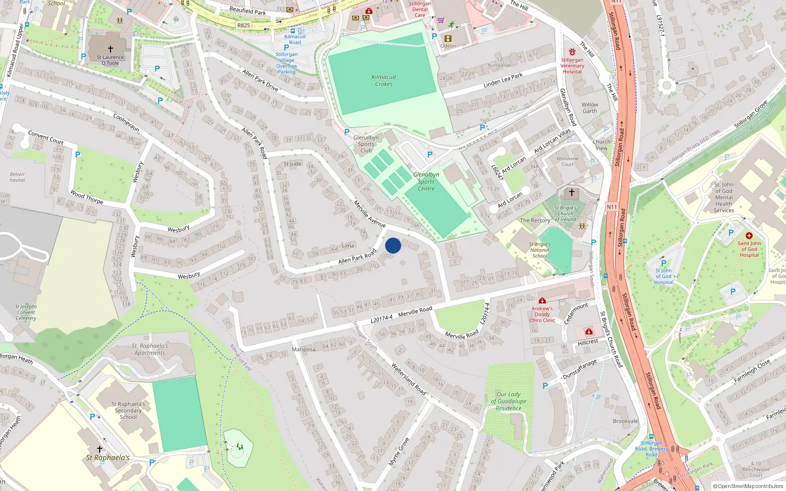 Overhead map showing the location of 109 Allen Park Road, Stillorgan, Dublin