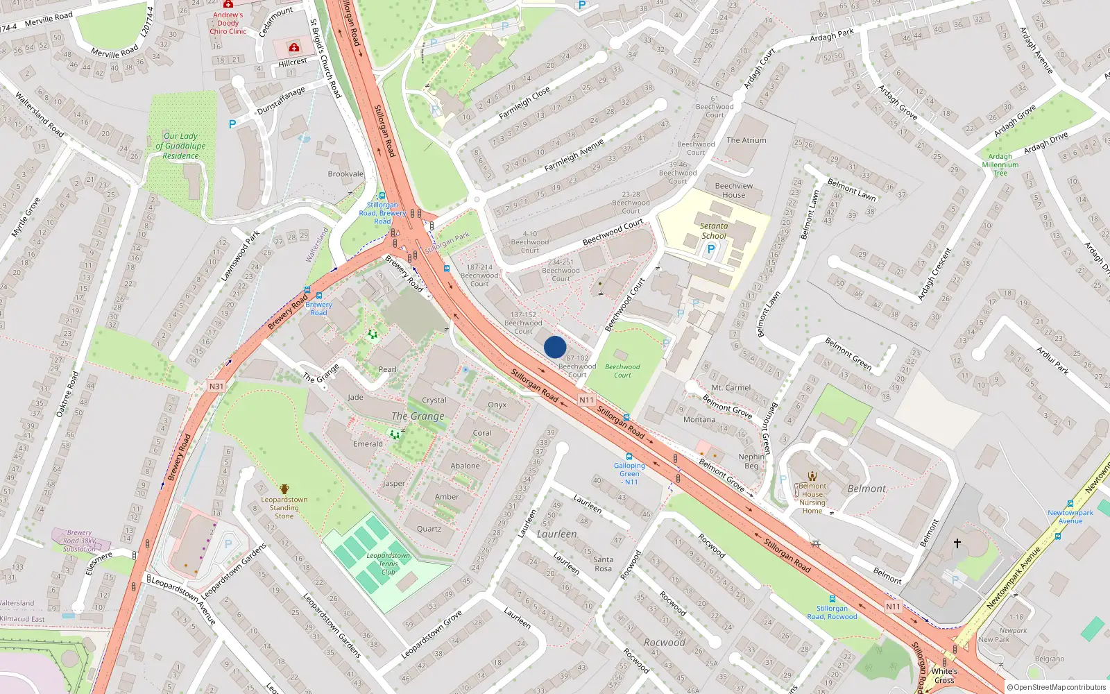 Overhead map showing the location of 109 Beechwood Court, Stillorgan