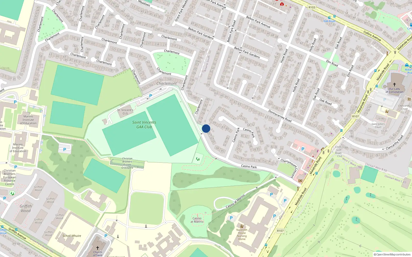 Overhead map showing the location of 109 Casino Park, Marino, Dublin 3