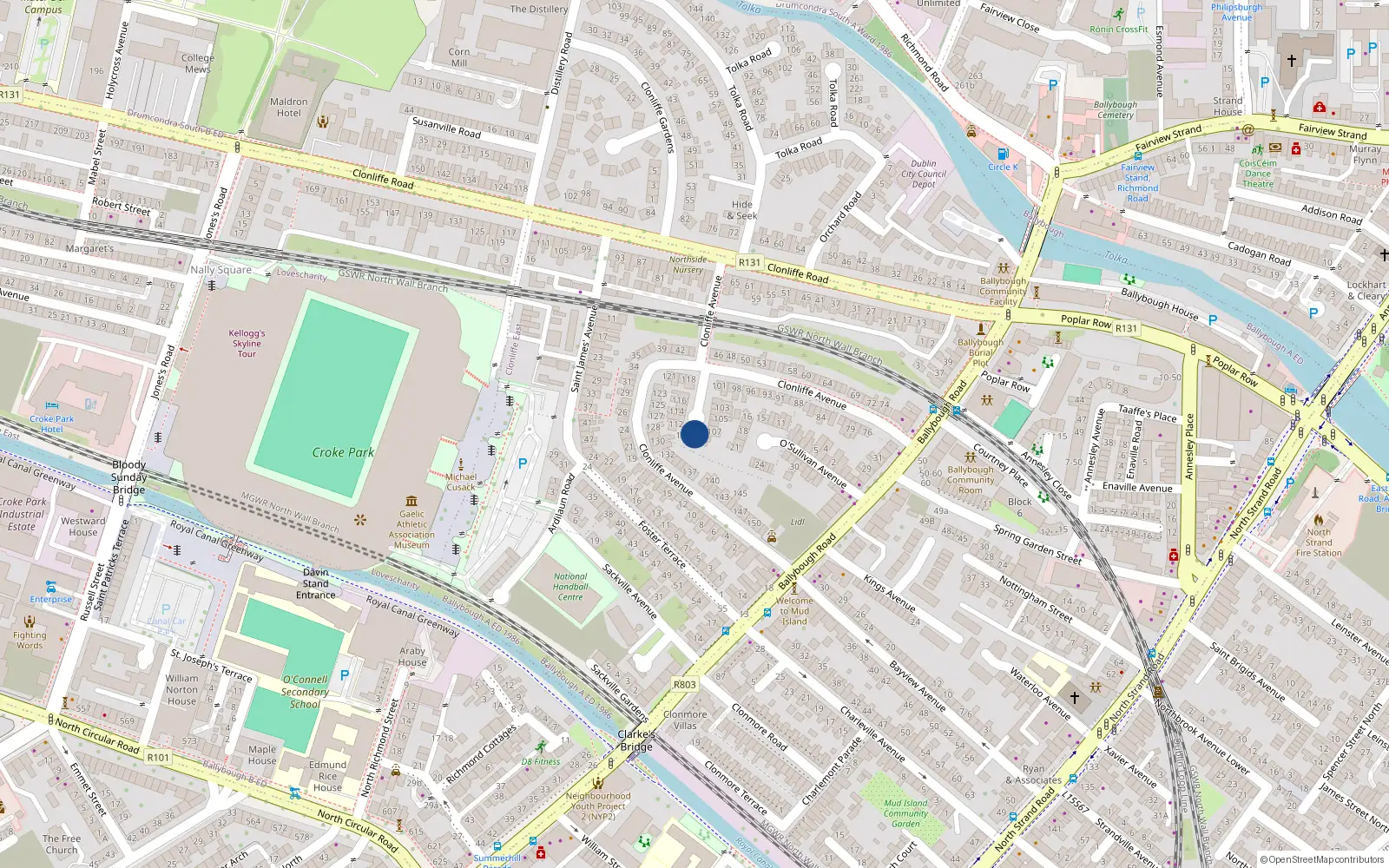 Overhead map showing the location of 109 Clonliffe Avenue, Ballybough, Dublin 3