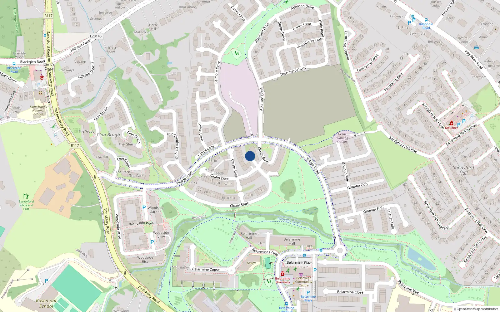 Overhead map showing the location of 109 Cluain Shee, Sandyford
