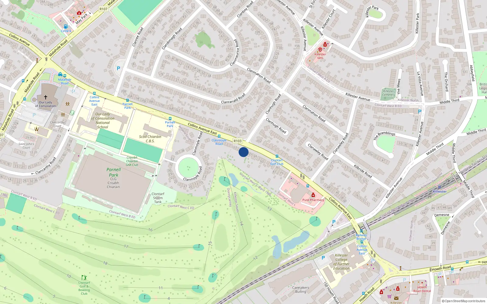 Overhead map showing the location of 109 Collins Avenue East, Dublin 5