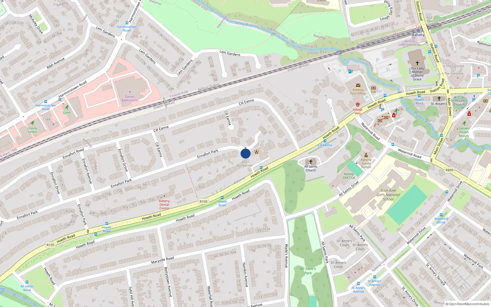 Overhead map showing the location of 109 Ennafort Park, Raheny, Dublin 5
