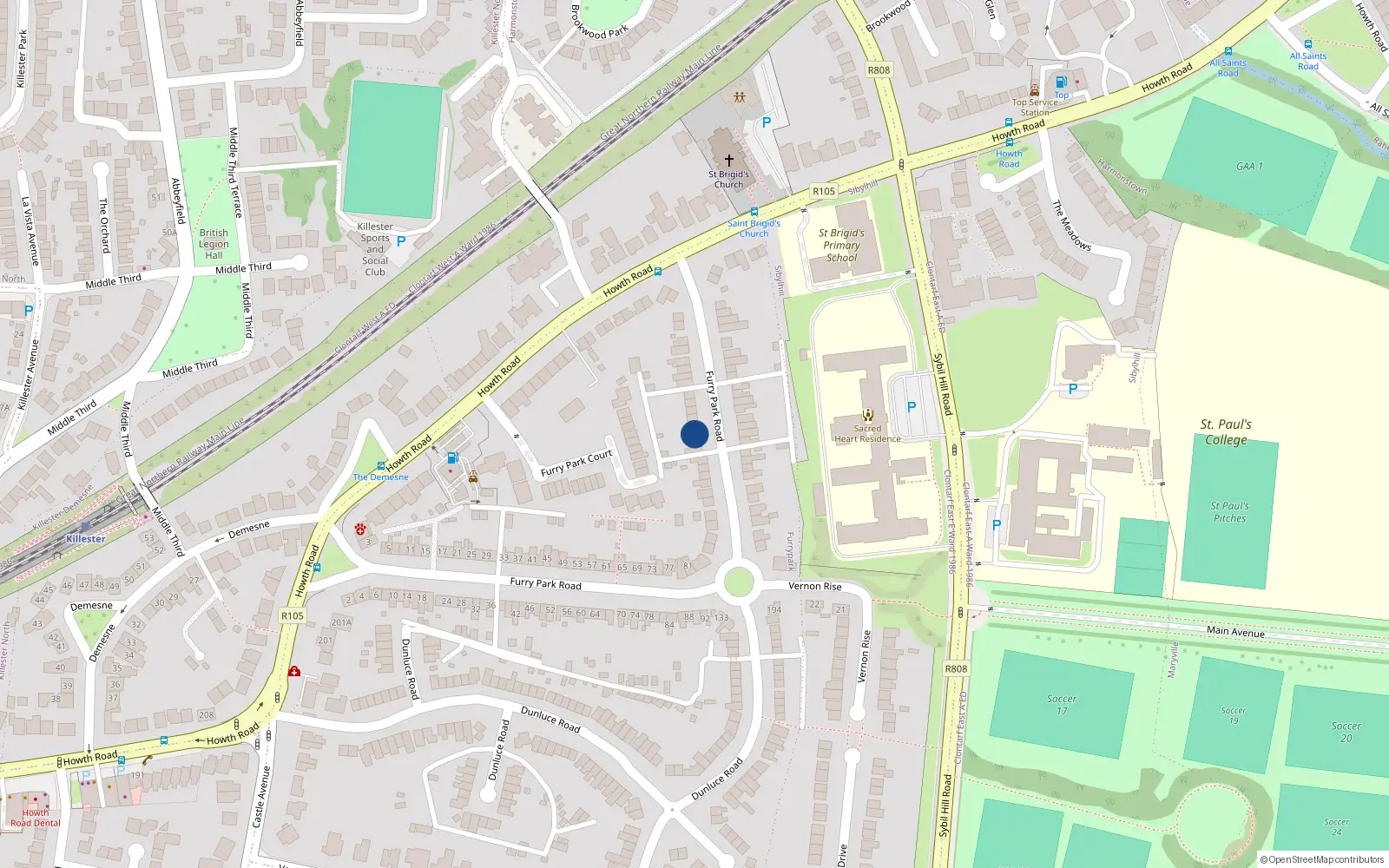 Overhead map showing the location of 109 Furry Park Road, Dublin 5