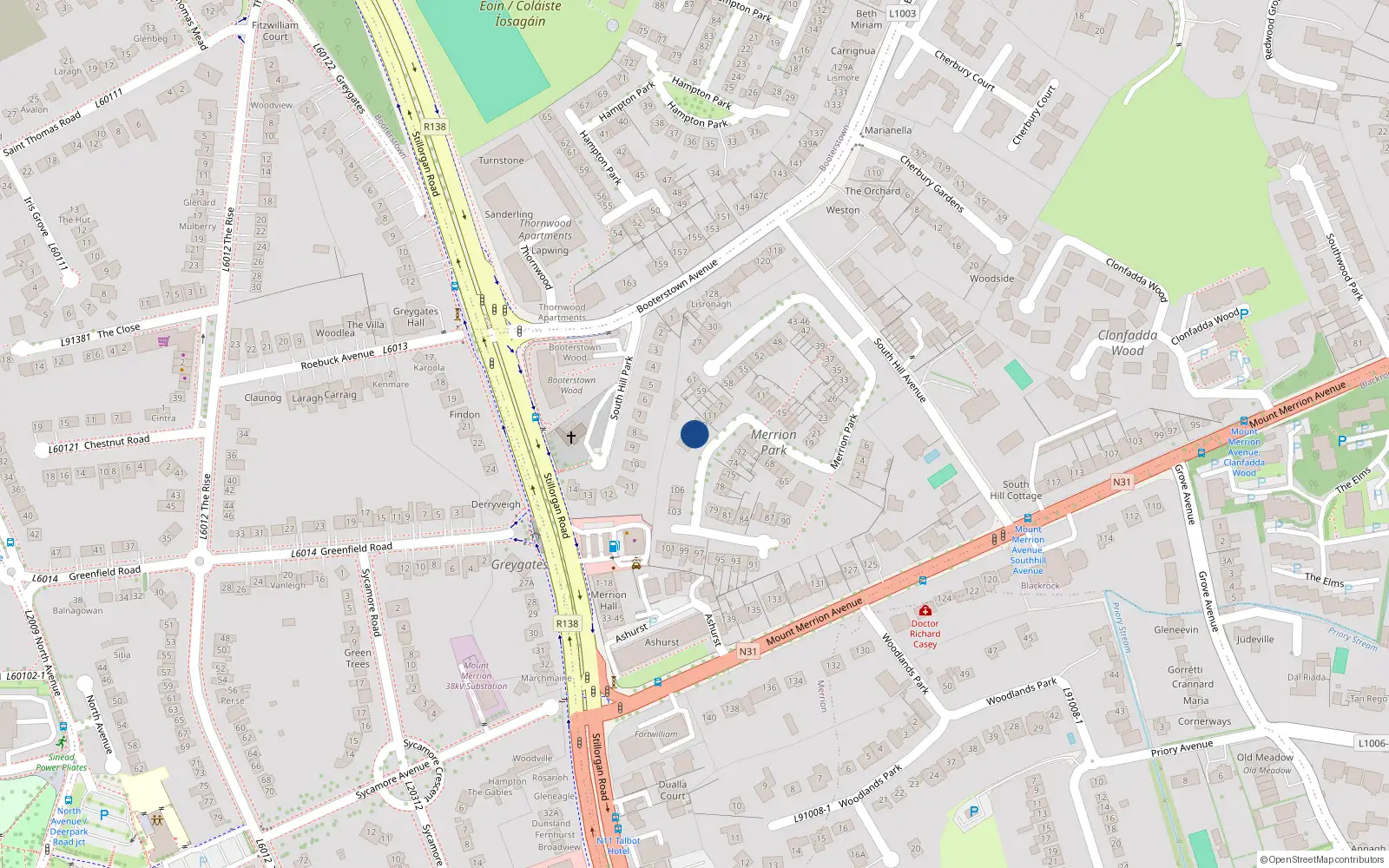 Overhead map showing the location of 109 Merrion Park, Blackrock