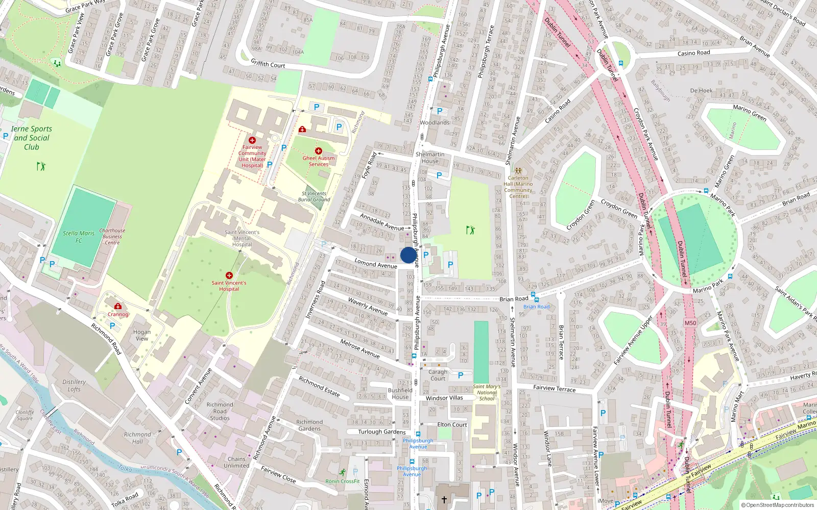 Overhead map showing the location of 109 Philipsburgh Avenue, Fairview, Dublin 3