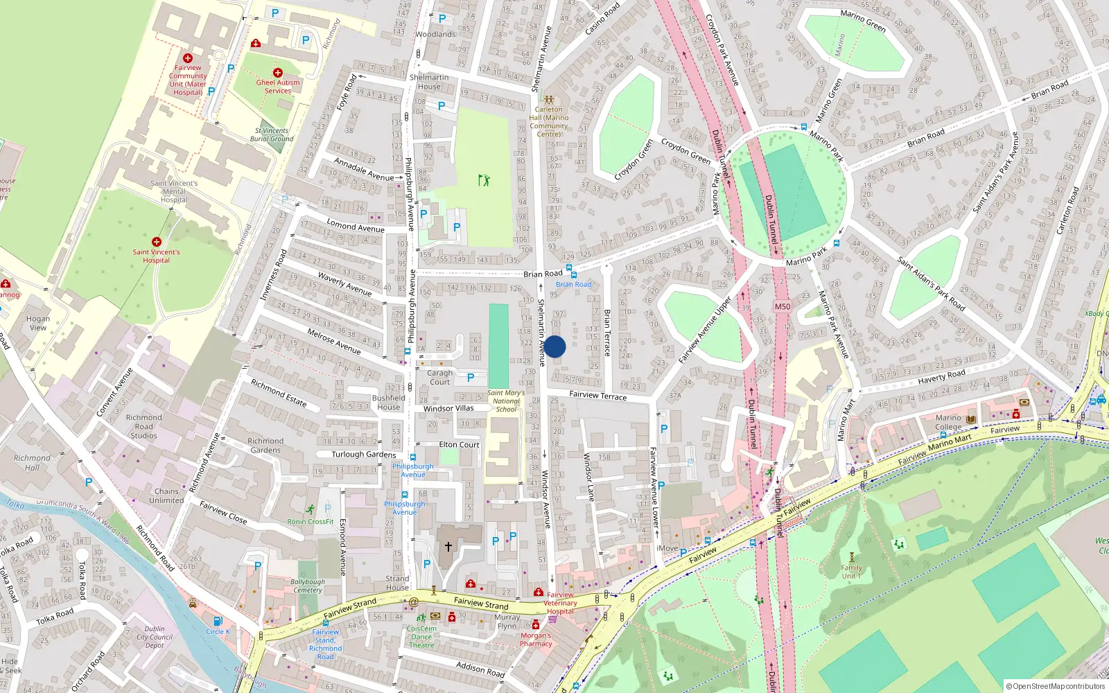 Overhead map showing the location of 109 Shelmartin Avenue, Marino, Dublin 3