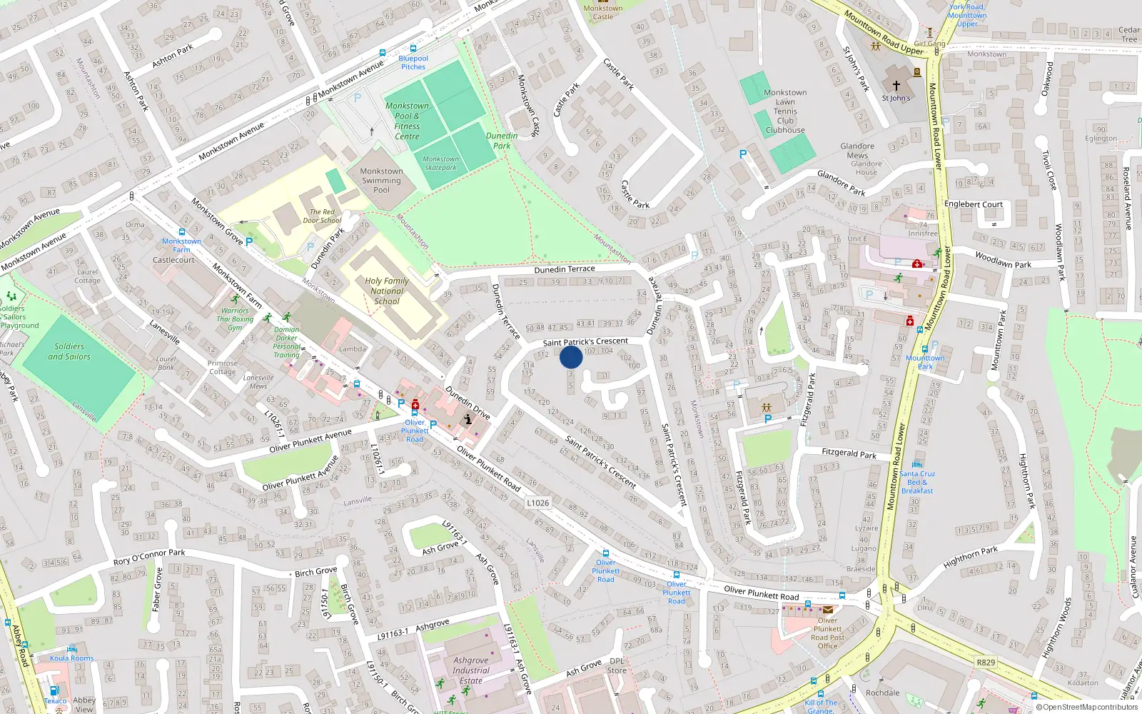 Overhead map showing the location of 109 St. Patricks Crescent, Monkstown Farm, Dun Laoghaire