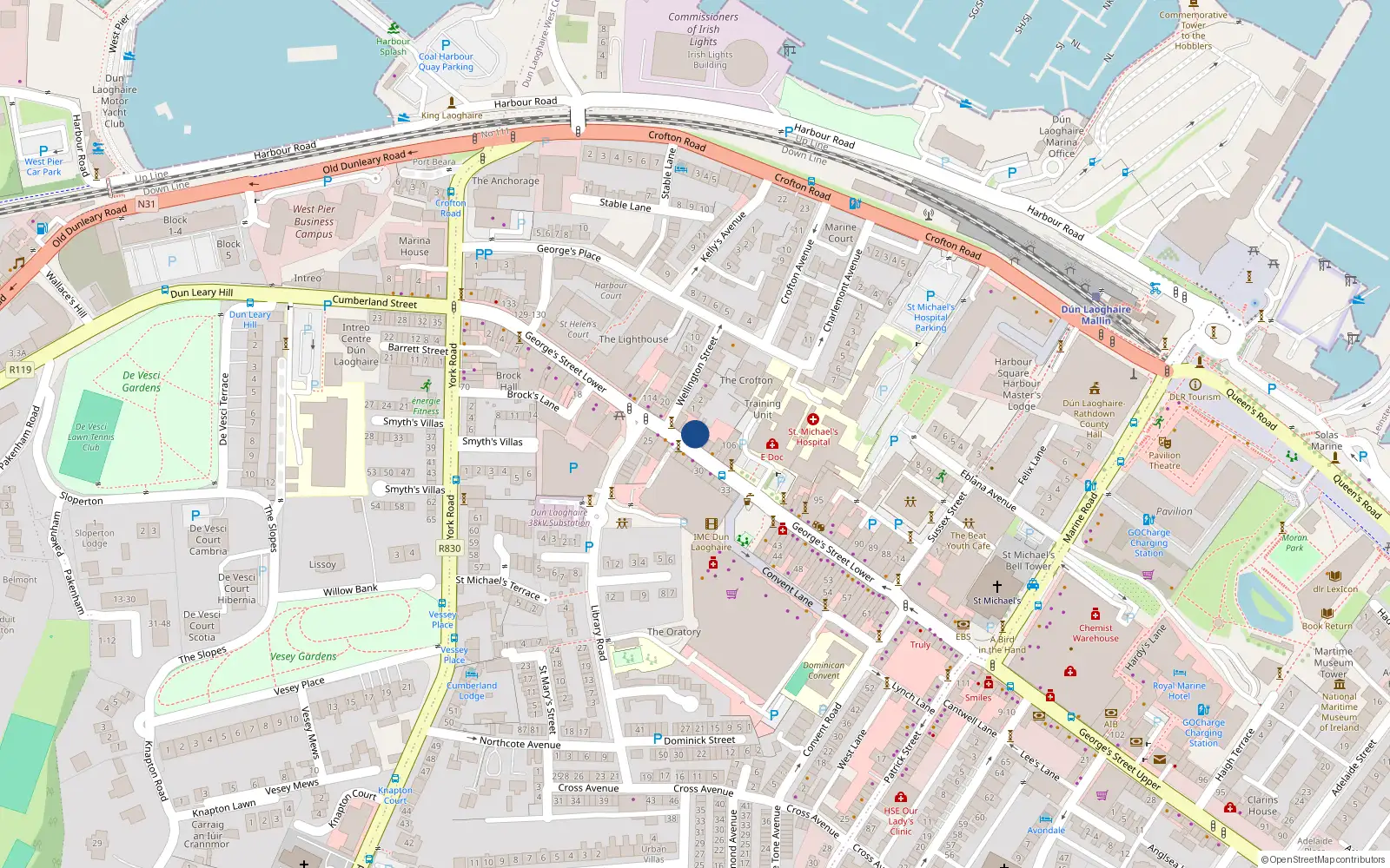 Overhead map showing the location of 109A George's Street Lower, Dublin