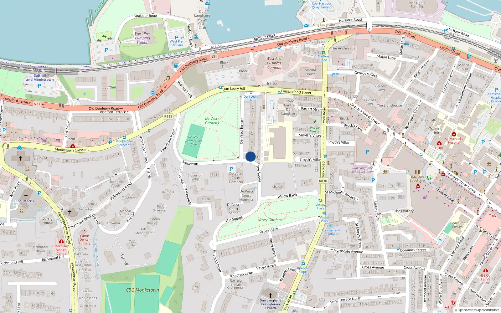 Overhead map showing the location of 10A De Vesci Terrace, Dublin