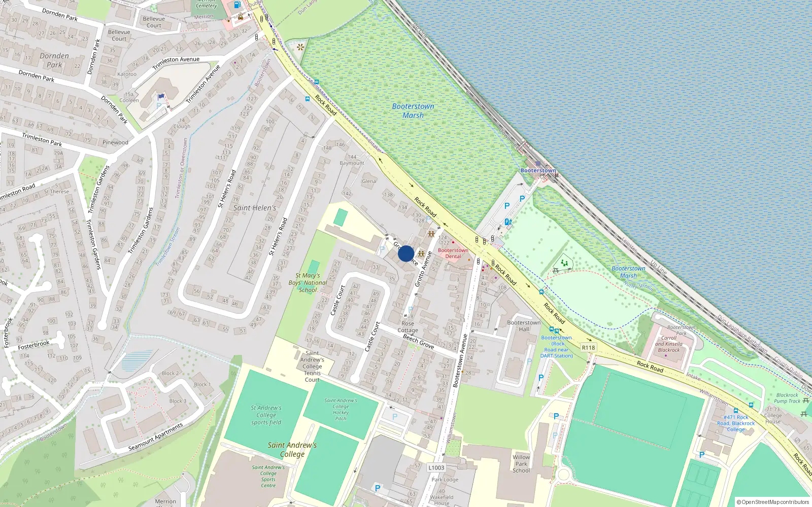 Overhead map showing the location of 10A Grotto Place, Booterstown