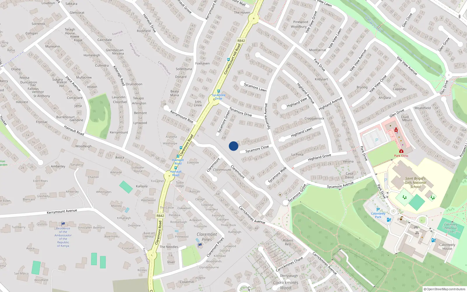 Overhead map showing the location of 10A Sycamore Close, Dublin 18