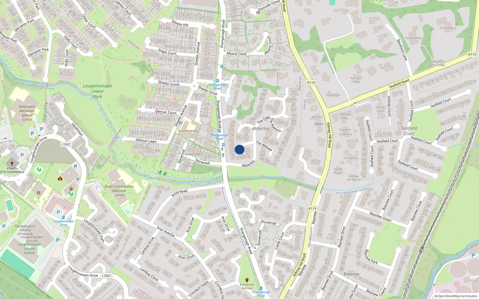 Overhead map showing the location of 11 Abberley, Dublin