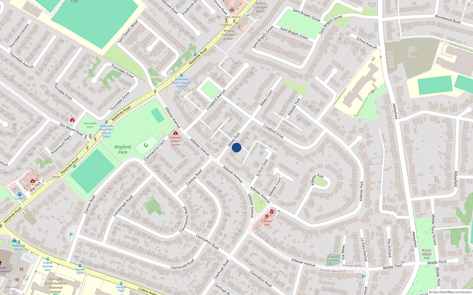 Overhead map showing the location of 11 Abbey Park, Killester, Dublin 5