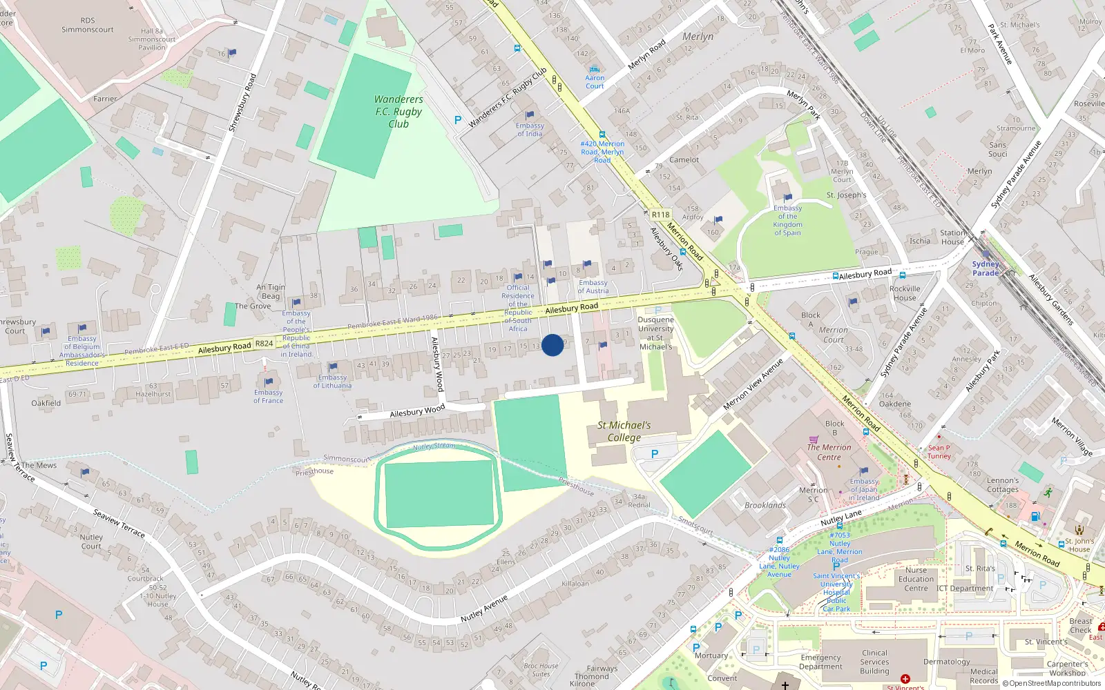 Overhead map showing the location of 11 Ailesbury Road, Simmonscourt