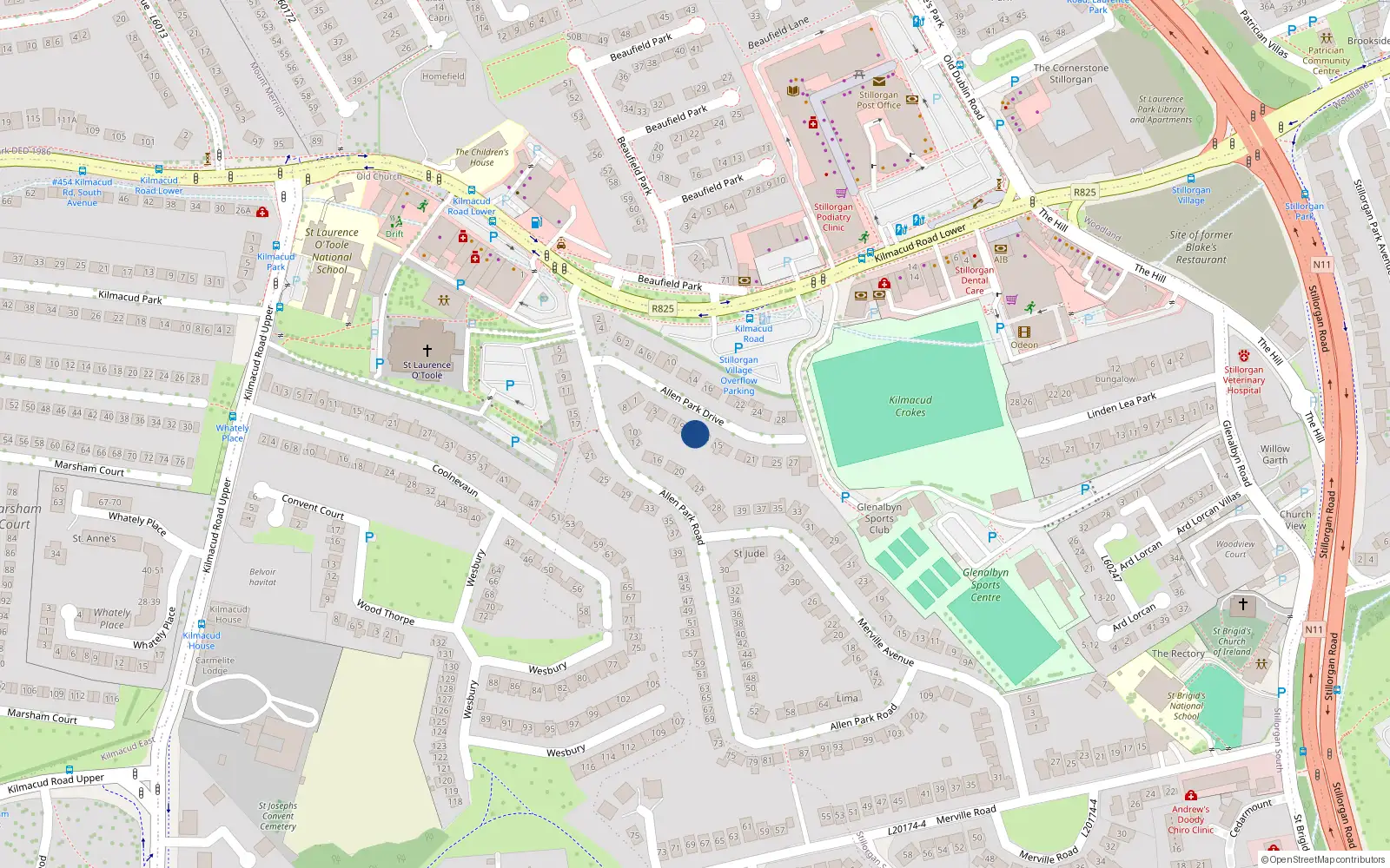 Overhead map showing the location of 11 Allen Park Drive, Dublin