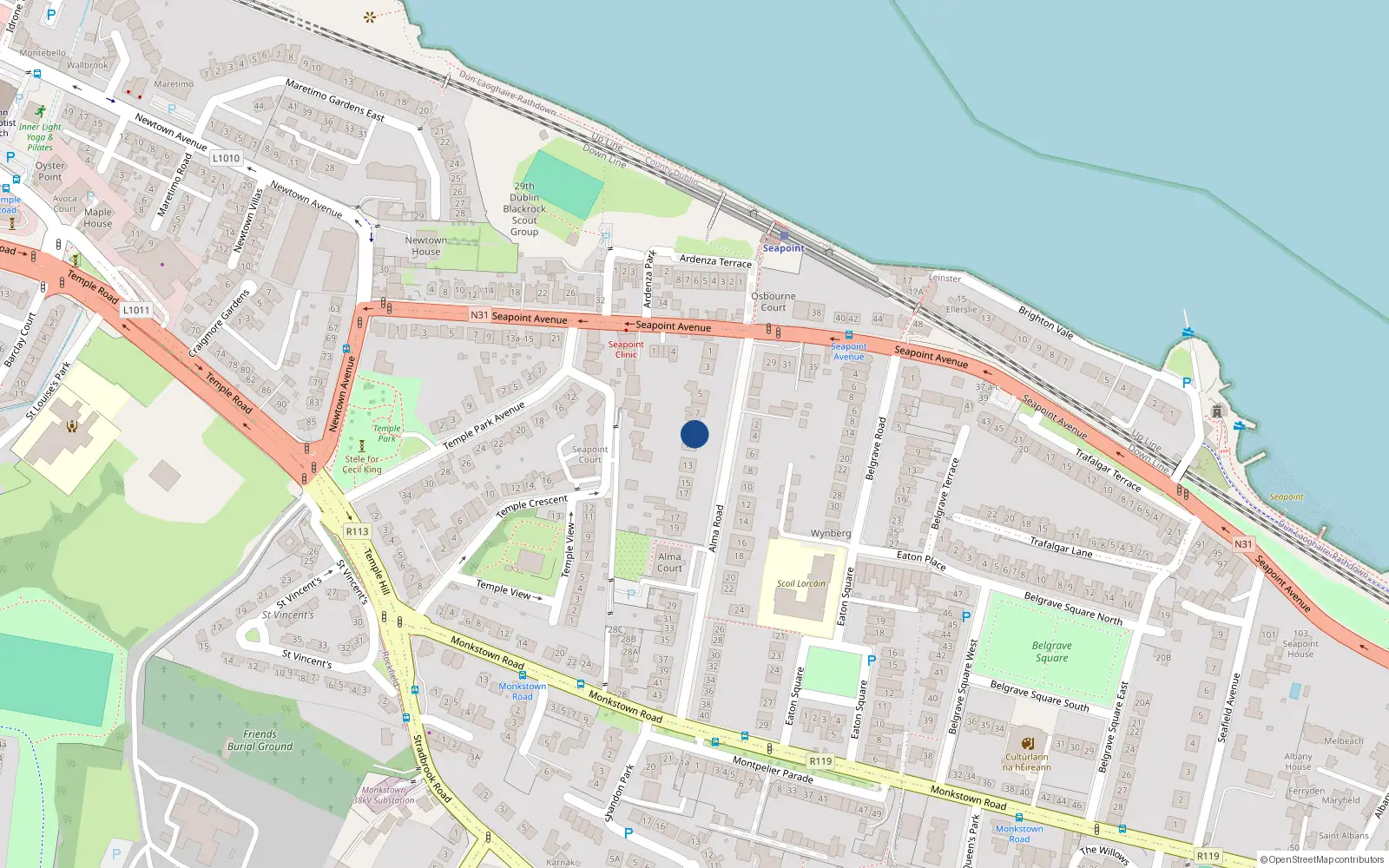 Overhead map showing the location of 11 Alma Road, Monkstown