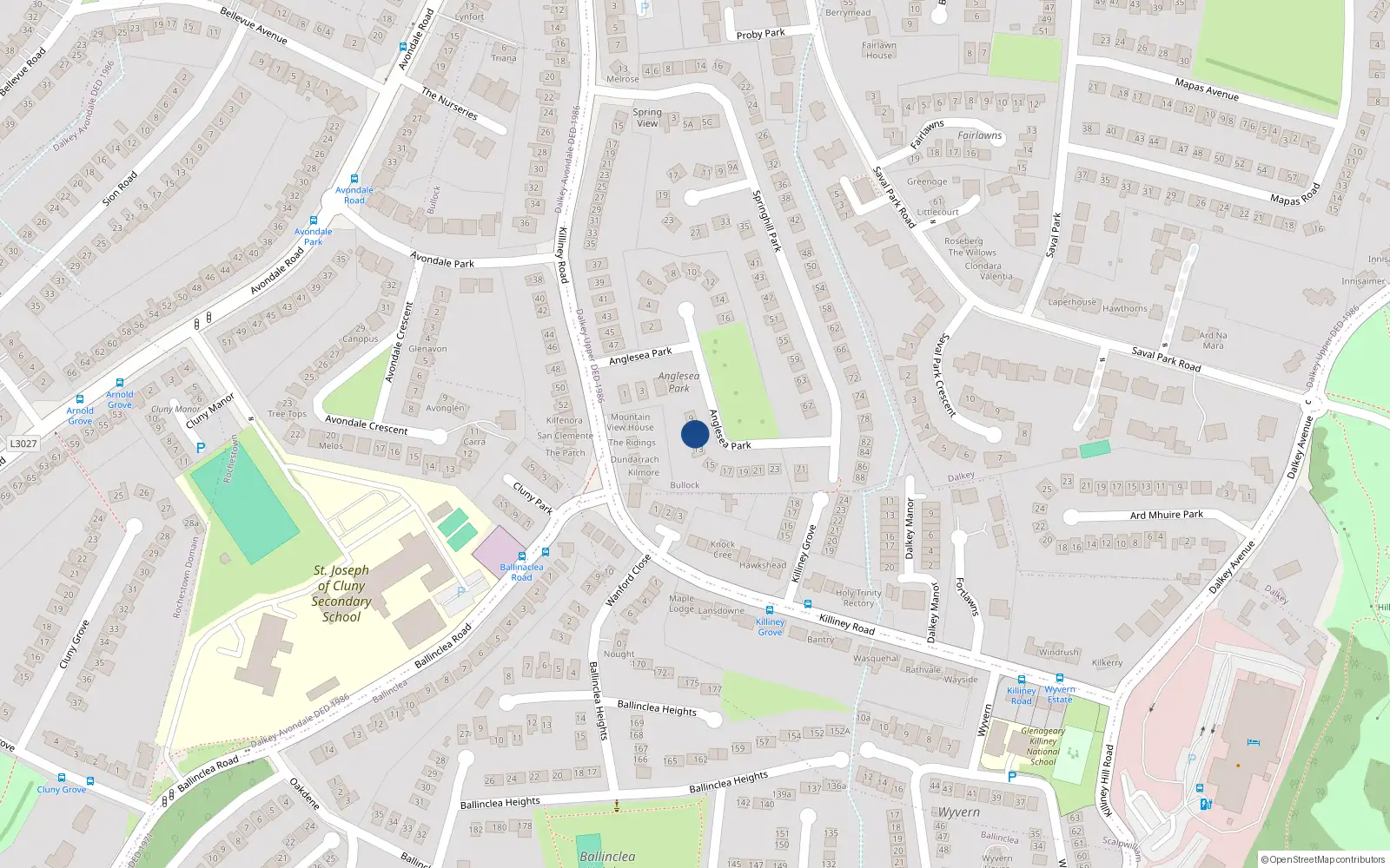 Overhead map showing the location of 11 Angelsey Park, Killiney, Dublin