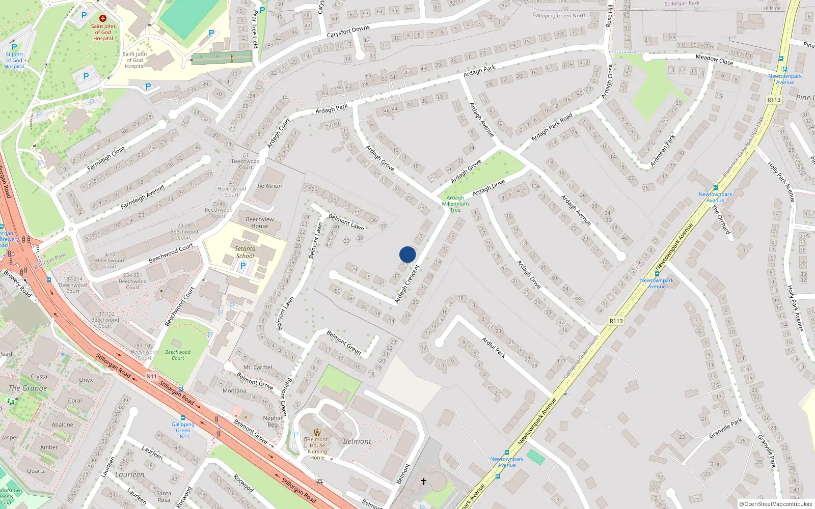Overhead map showing the location of 11 Ardagh Crescent, Blackrock