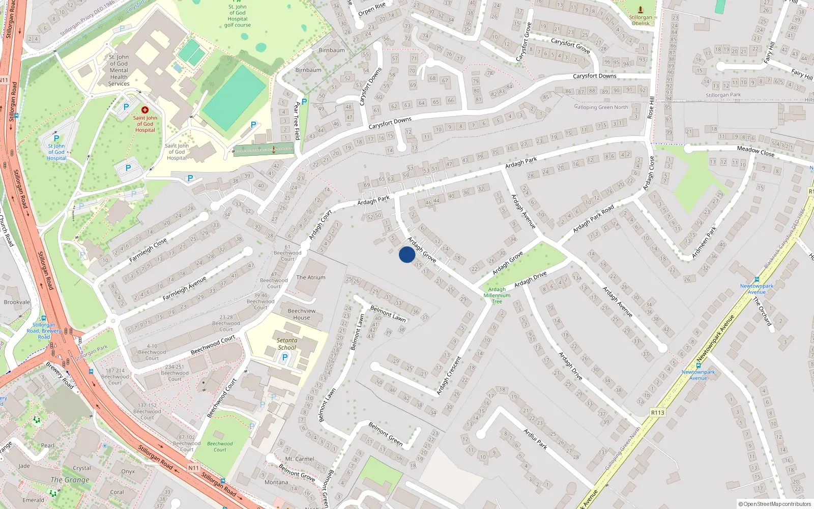 Overhead map showing the location of 11 Ardagh Grove, Blackrock