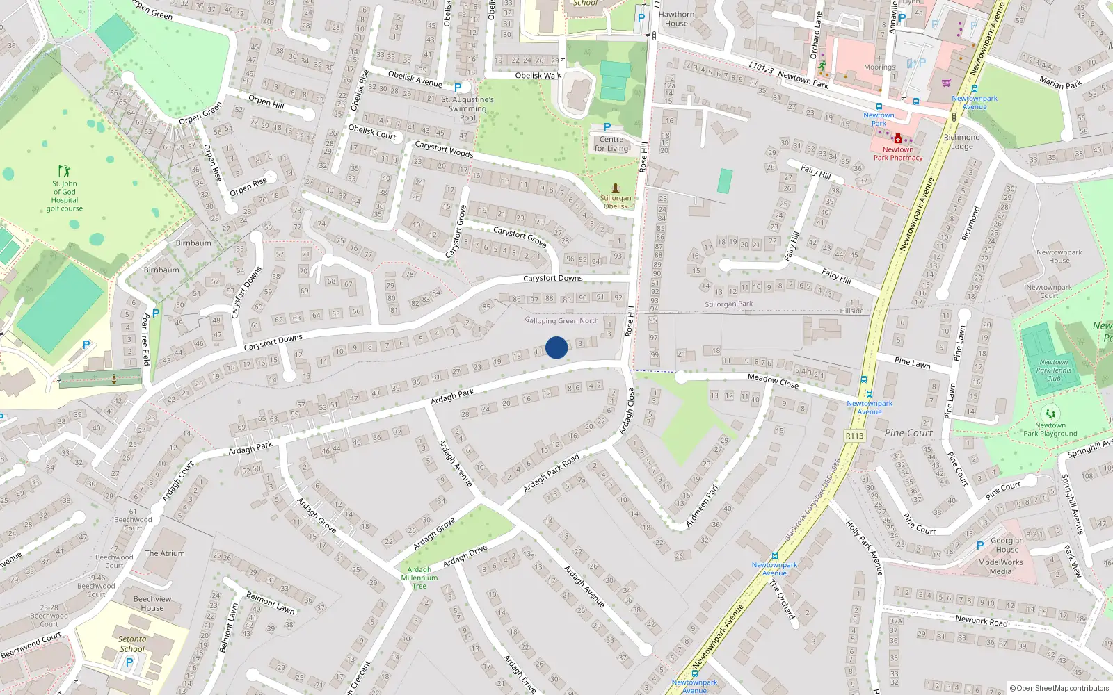 Overhead map showing the location of 11 Ardagh Park, Blackrock, Co Dublin