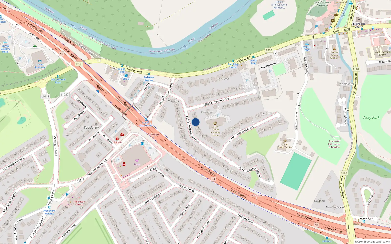 Overhead map showing the location of 11 Ardeevin Avenue, Lucan, Dublin
