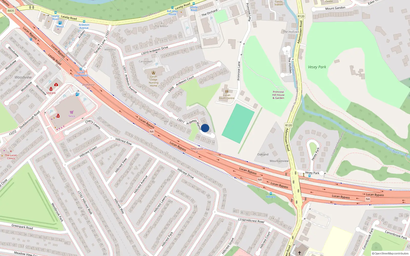 Overhead map showing the location of 11 Ardeevin Manor, Lucan