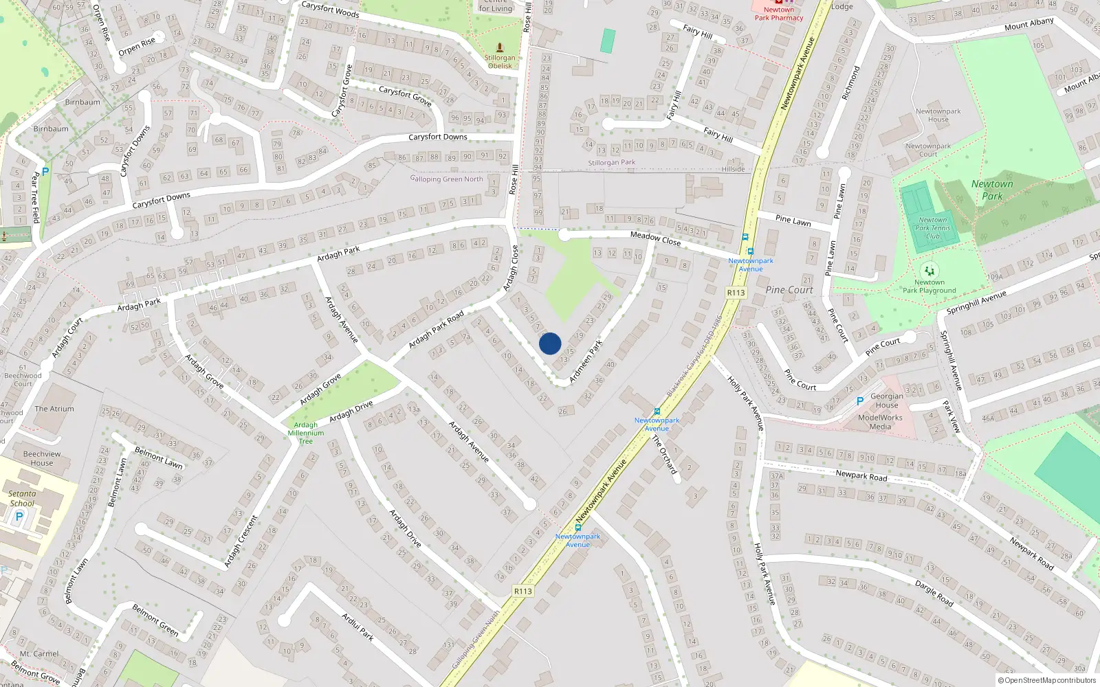 Overhead map showing the location of 11 Ardmeen Park, Blackrock