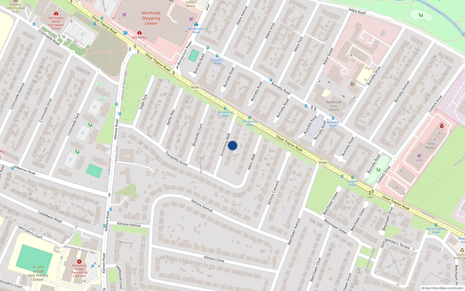 Overhead map showing the location of 11 Armstrong Walk, Coolock, Dublin 5