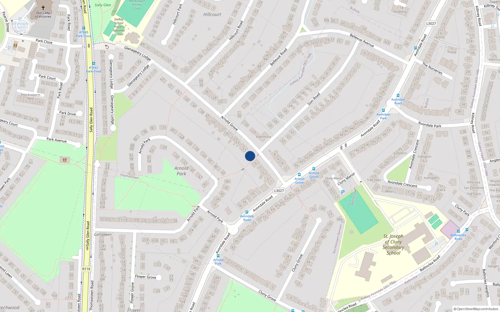 Overhead map showing the location of 11 Arnold Grove, Dublin