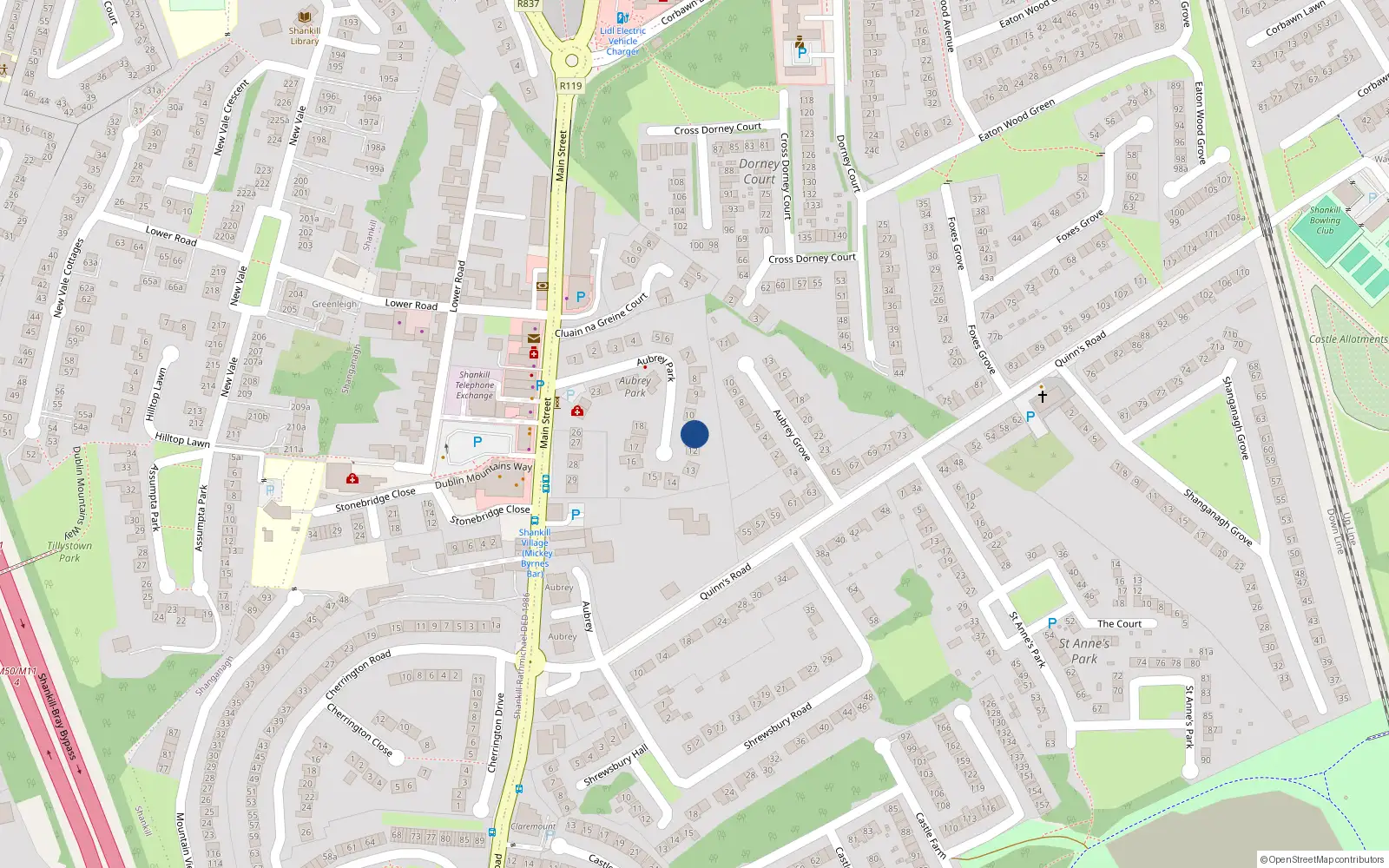 Overhead map showing the location of 11 Aubrey Park, Dublin