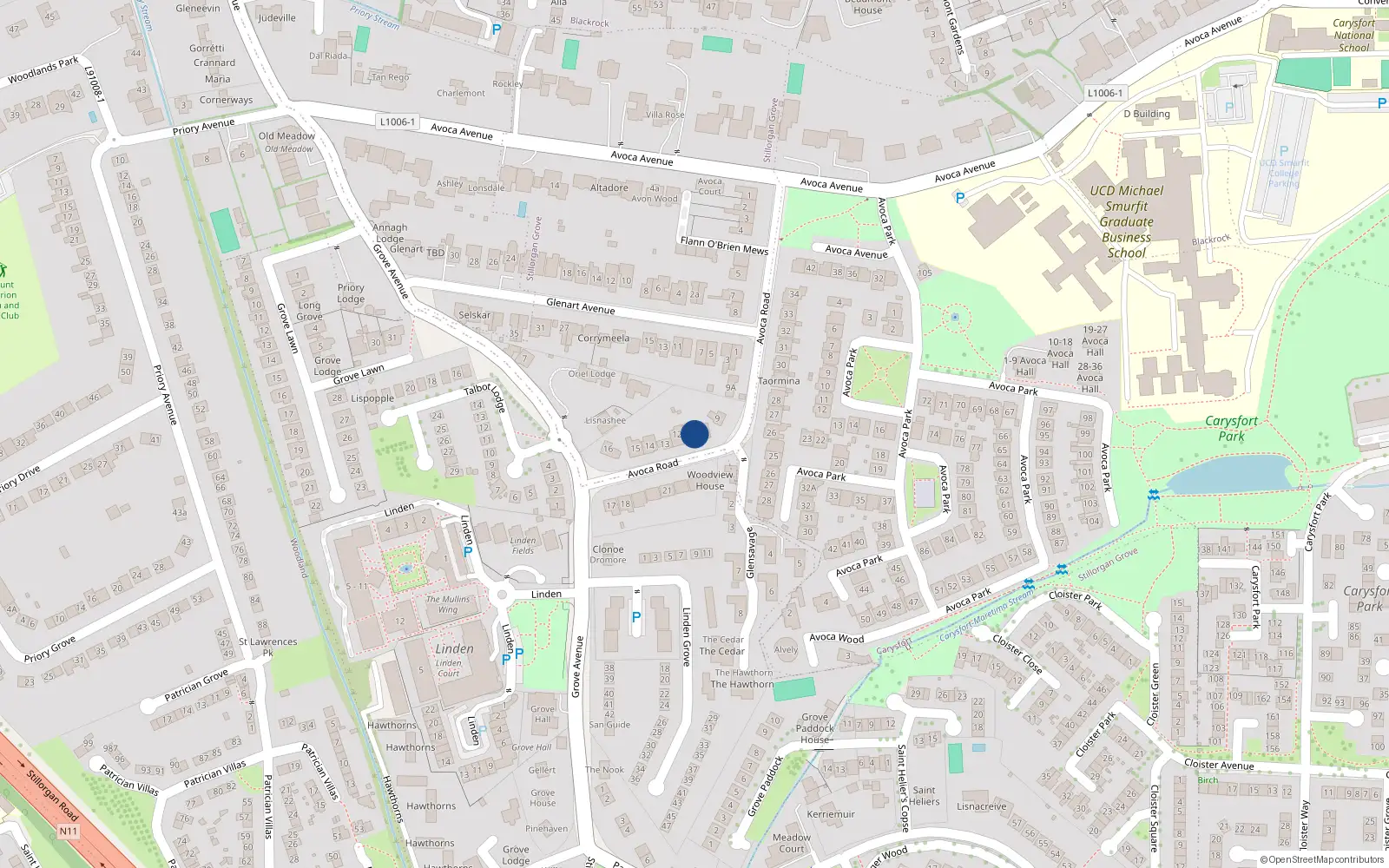 Overhead map showing the location of 11 Avoca Road, Blackrock