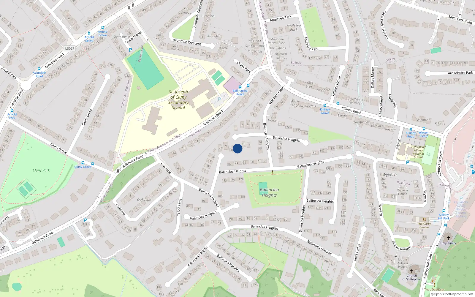 Overhead map showing the location of 11 Ballinclea Heights, Killiney, Dublin