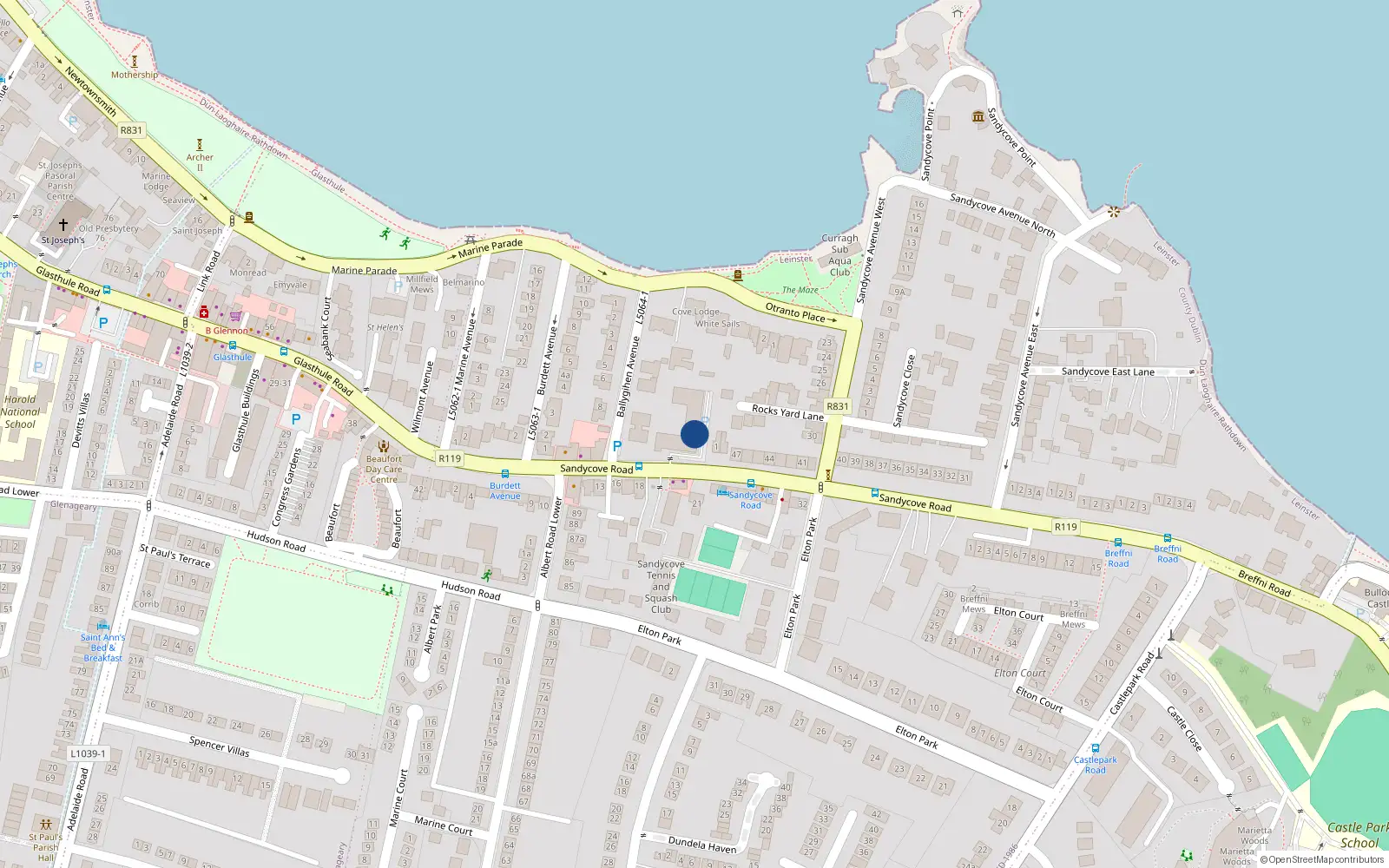 Overhead map showing the location of 11 Ballygihan Apts, Sandycove Road, Sandycove