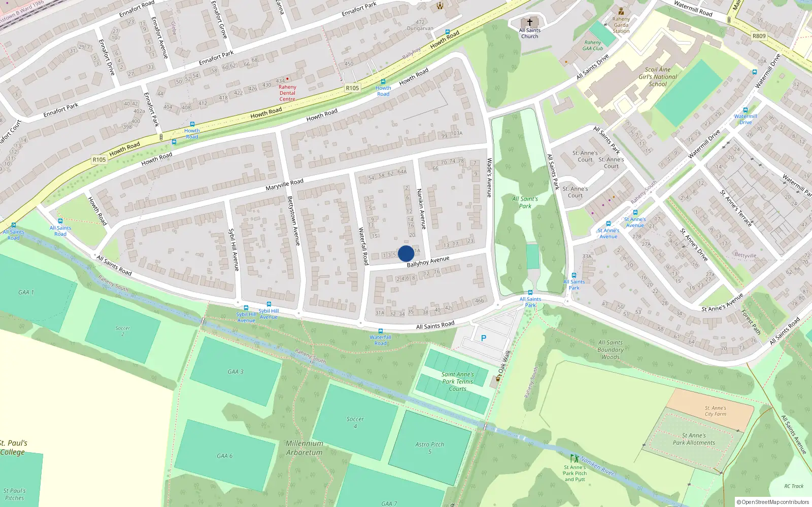 Overhead map showing the location of 11 Ballyhoy Avenue, St Annes Estate, Raheny Dublin 5