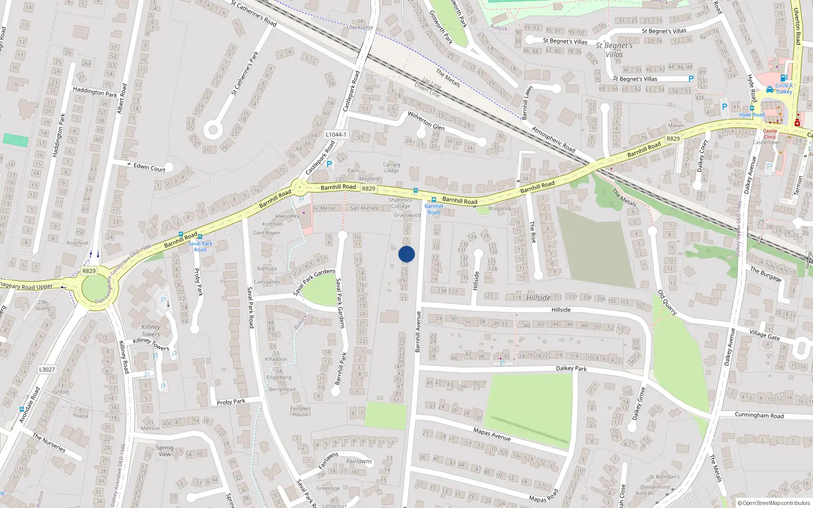 Overhead map showing the location of 11 Barnhill Avenue, Dalkey