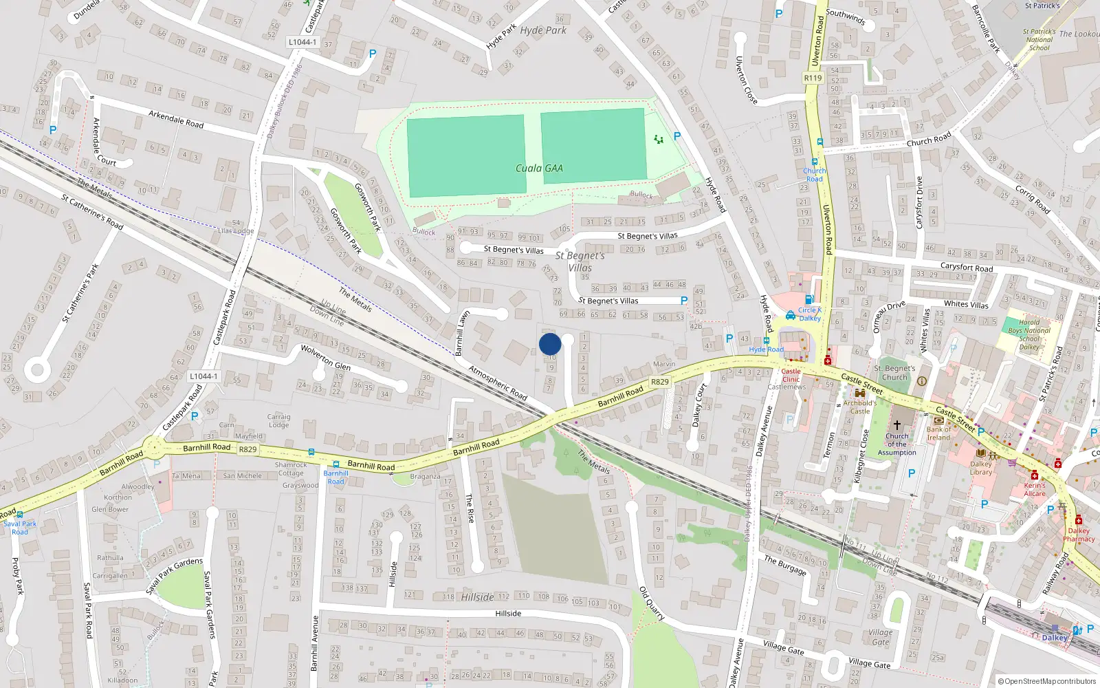 Overhead map showing the location of 11 Barnhill Grove, Dalkey