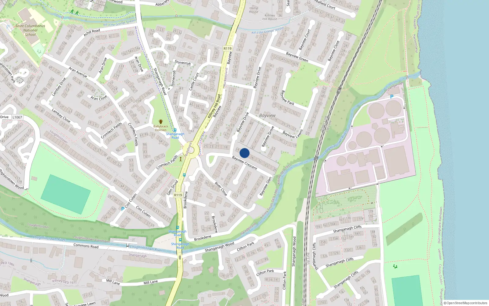 Overhead map showing the location of 11 Bayview Crescent, Killiney