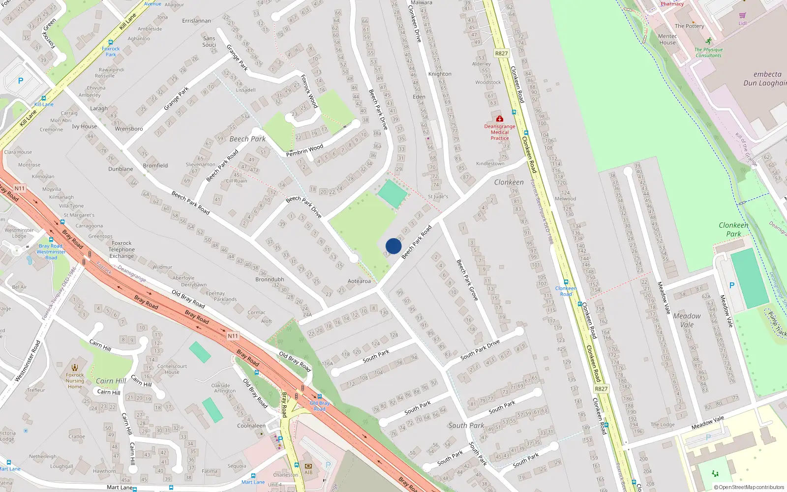 Overhead map showing the location of 11 Beech Park Road, Dublin 18