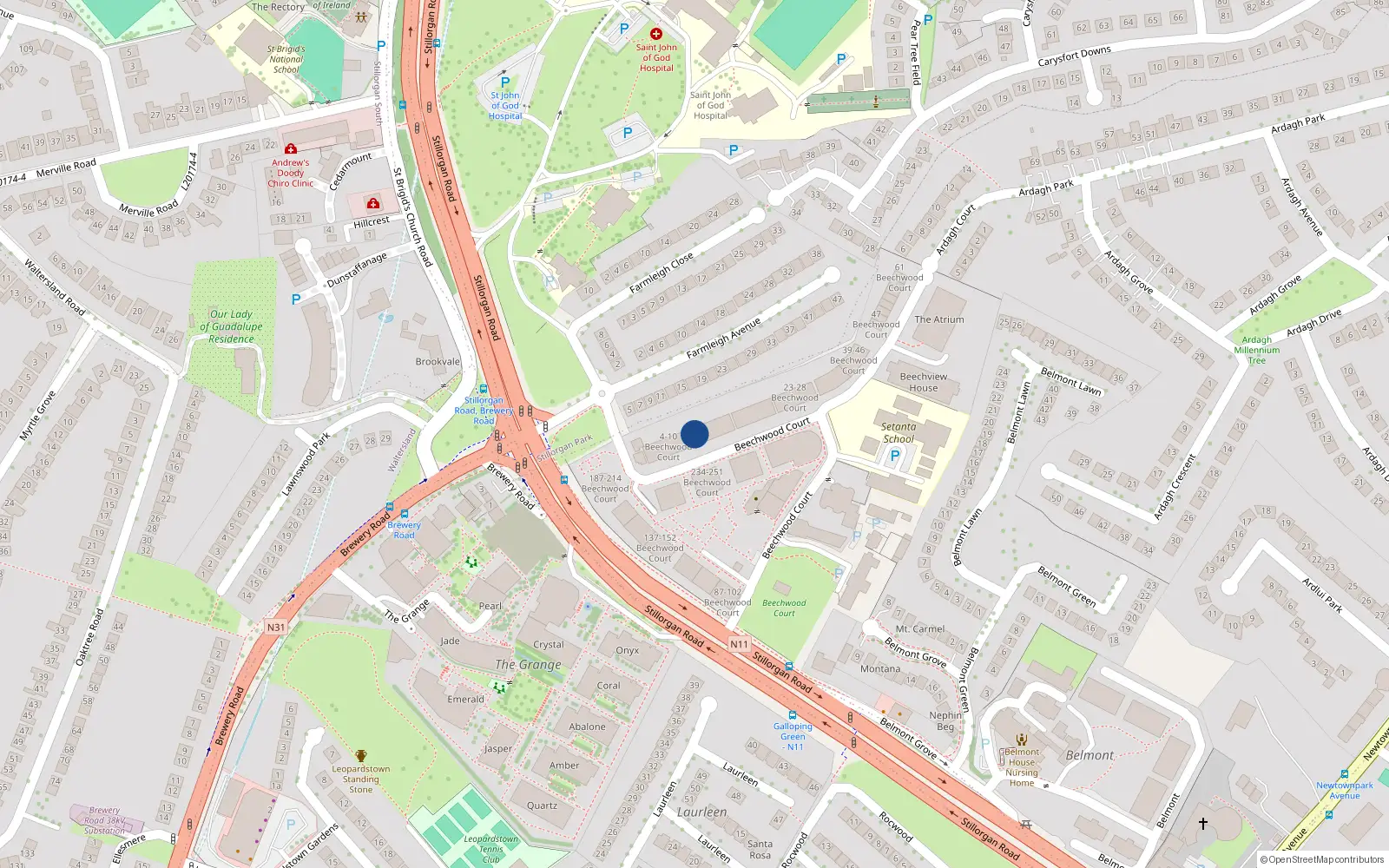 Overhead map showing the location of 11 Beechwood Court, Dublin