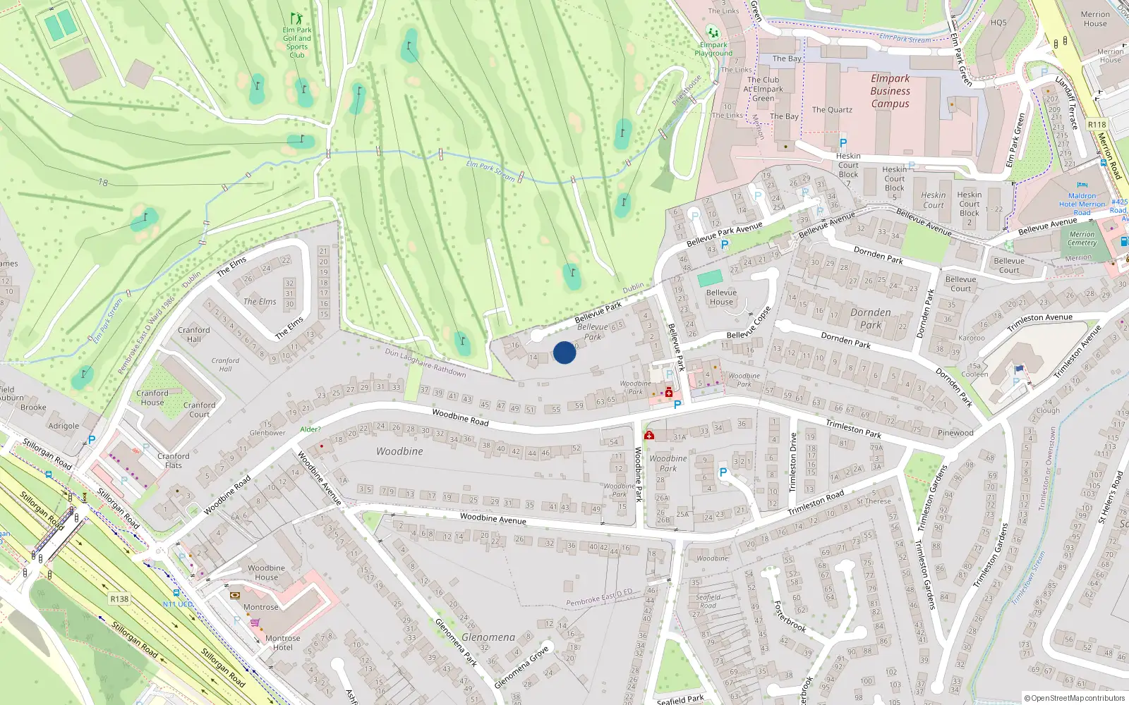 Overhead map showing the location of 11 Bellevue Park, Booterstown, Blackrock