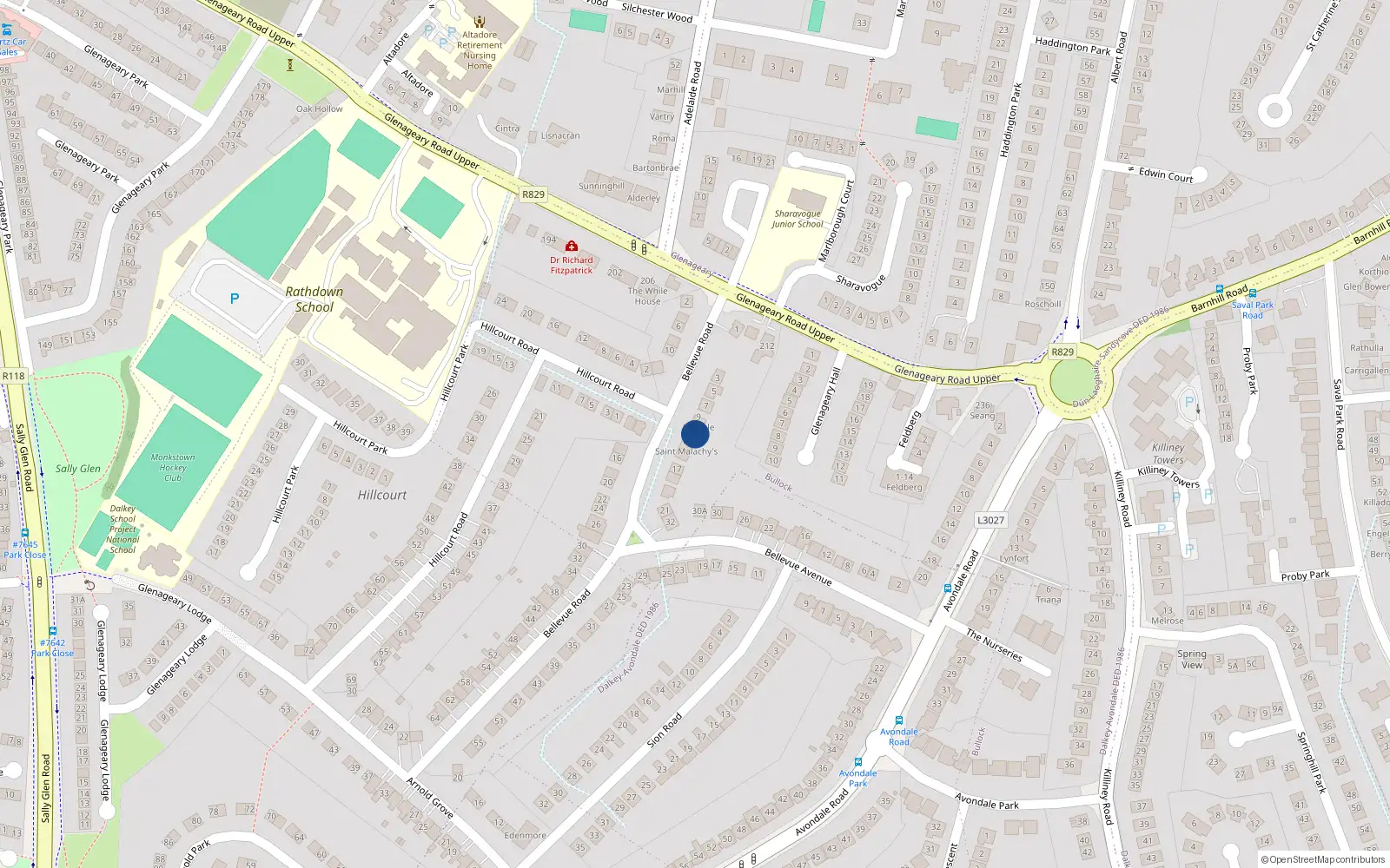 Overhead map showing the location of 11 Bellevue Road, Dublin
